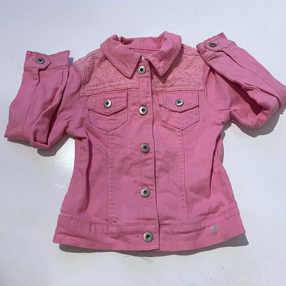 GUESS JEAN Pink Lace DENIM JACKET BUTTON FRONT Girls SIZE 5 - Picture 1 of 4